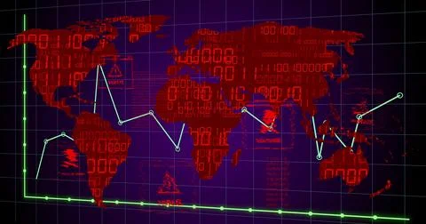Displaying red binary world map tracing green line with nodes on purple grid, Stock Illustration