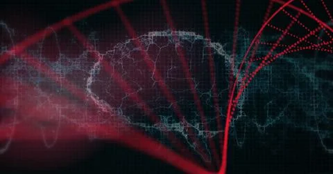 Displaying red curved lines forming helix over dark blue grid, highlighting Stock Illustration