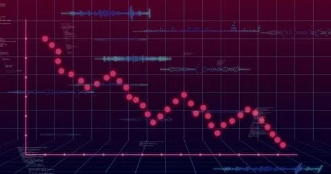 Displaying red data graph over magenta grid in analytics dashboard, showing blue Stock Photos