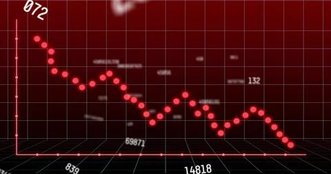 Displaying red declining line chart on 3D grid, showing glowing points, conne Stock Illustration
