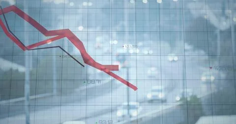 Displaying red descending graph and thin dark line over blurred city street with Ilustração Stock