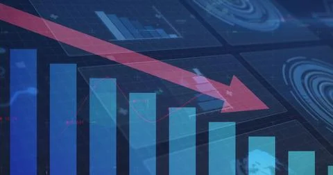 Displaying red diagonal arrow trending downward on blue grid, with bars and h Stock Photos