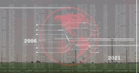 Displaying red digital globe floating above wind turbines, connecting error Stock Photos