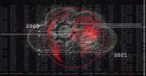 Displaying red digital globe scanning dot clusters and hex nodes with code at 写真素材