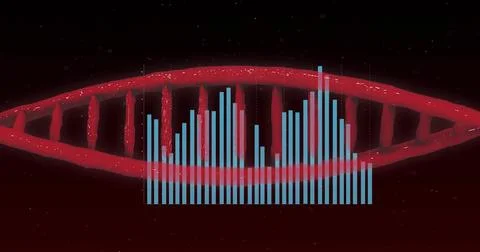Displaying red DNA helix running across dark red field, with blue bars, dotted イラスト素材
