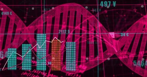 Displaying red DNA helix spanning virtual interface, with bar charts, line graph Stock Illustration