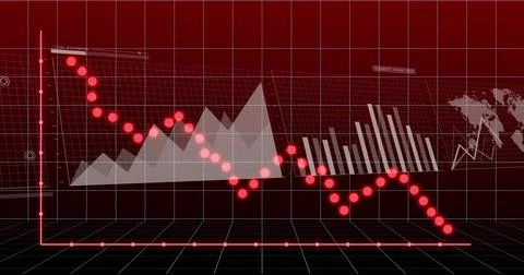 Displaying red dotted downward line with glowing points on 3D grid in virtual Stock Illustration