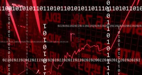 Displaying red dotted line graph rising on trading dashboard, with binary Foto stock