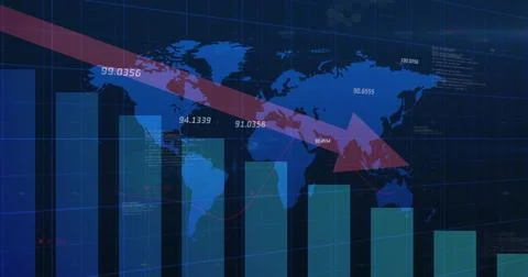 Displaying red downward arrow and tall bar chart declining on world map Stock Illustration