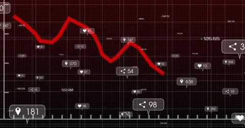 Displaying red falling line graph on data dashboard with axis ticks and heart Stock Illustration