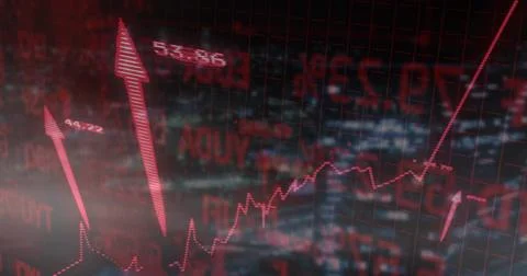 Displaying red financial chart on grid dashboard tracking market with jagged Stock Photos