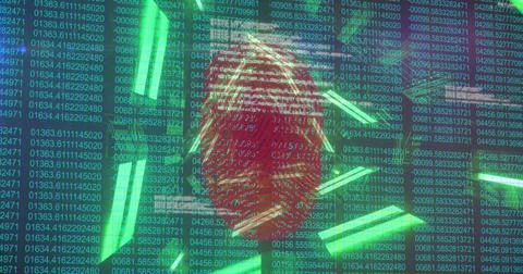 Displaying red fingerprint hovering over cybersecurity display, showing green 写真素材
