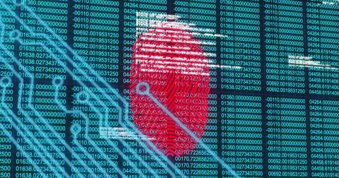 Displaying red fingerprint overlaying interface screen, with green code and teal Stock Photos