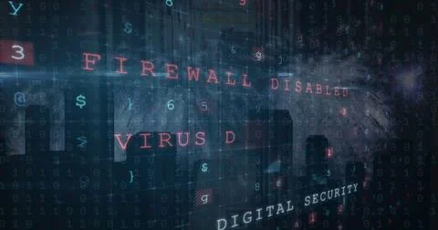 Displaying red 'FIREWALL DISABLED' warning in network grid, with floating code 스톡 사진