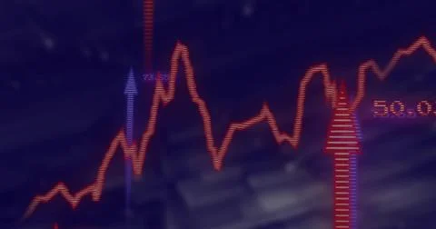 Displaying red fluctuating graph on digital screen, with purple arrow 73.65 a Illustrazione stock