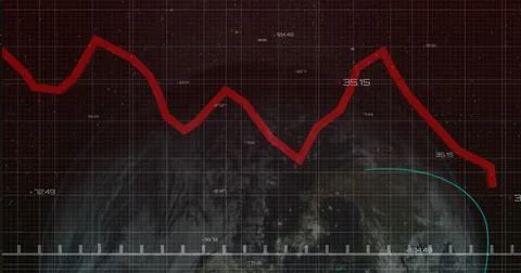 Displaying red fluctuating line graph on dark grid dashboard interface, with Illustrazione stock