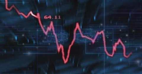 Displaying red fluctuating line graph dancing across trading interface, with Stock Photos