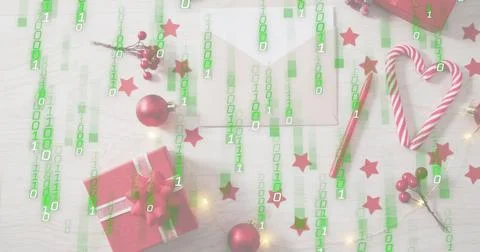 Displaying red gift box with silver ribbon sitting left on wooden table under Foto stock