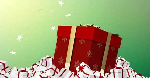 Displaying red gift box sitting center on green panel, with gold bow, snowflake Stock Illustration