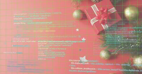 Displaying red gift box white-ribbon on red table gold baubles green code grid 写真素材