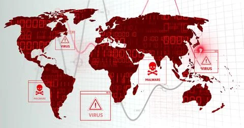 Displaying red global map in cybersecurity UI, with binary code, line charts, Illustrazione stock