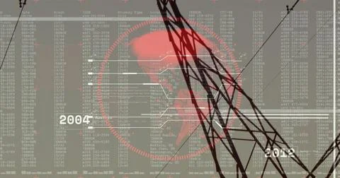 Displaying red globe with circuit overlay on screen, with towers, errors and Stock Photos