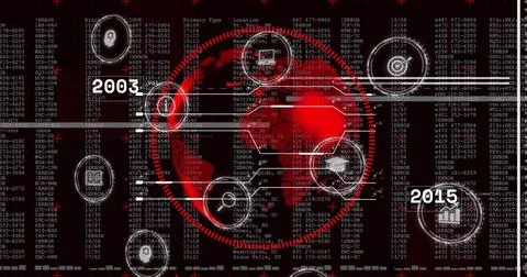Displaying red globe featuring red dotted ring on dashboard, showing HUD nodes Stock-Illustration
