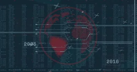 Displaying red globe with hex overlays on control panel, error codes, year Illustrazione stock