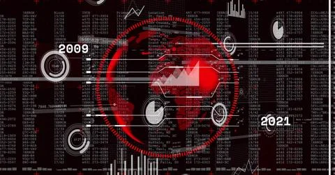 Displaying red globe HUD orb pulsing on dashboard, showing rings, scan lines, Stock Illustration