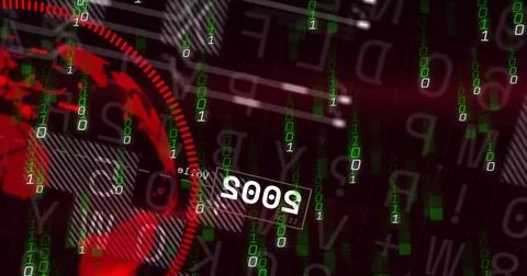 Displaying red globe on left in data scene, green bits, mirrored 2005 text, 库存照片