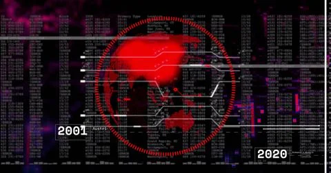 Displaying red globe with radar ring and connection lines on dashboard, showing Stock Photos