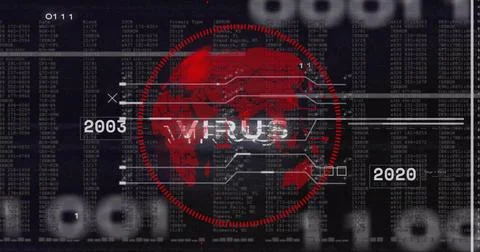 Displaying red globe within circular target ring on data display, showing VIRUS, Stock Photos