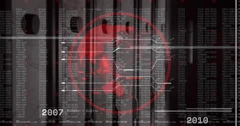 Displaying red globe, world map, hex nodes, data columns, crosshair, 2007 2010 Stock Illustration