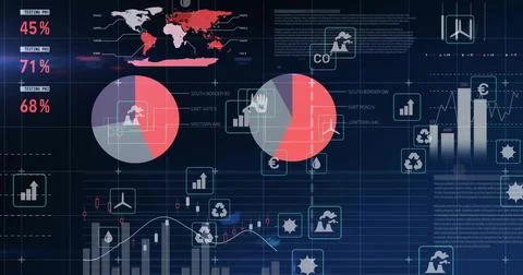 Displaying red-gray pie chart on screen with world map metrics bar-chart Stock Photos