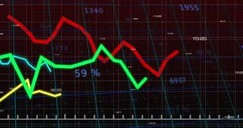 Displaying red green yellow light blue line chart on dashboard, with grid lines Illustrazione stock