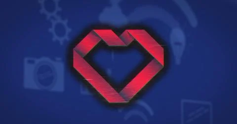Displaying red heart emblem floating on blue canvas, with gear camera bulb Stock Illustration