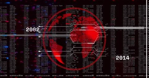 Displaying red holographic globe with hex nodes and scan rings on dashboard, Illustration