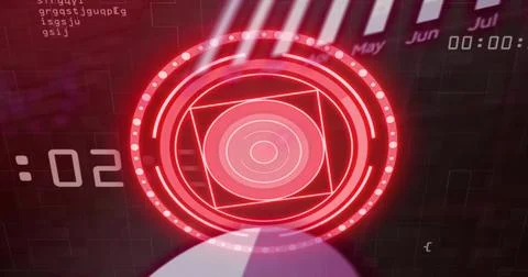 Displaying red HUD projecting concentric rings, tilted square, lights, :02 and 写真素材