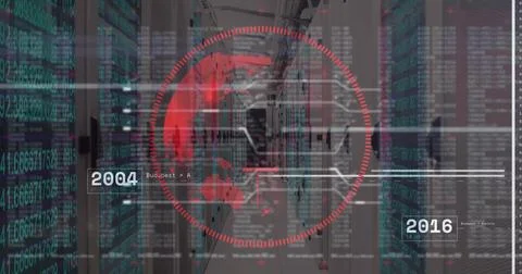 Displaying red interface showing world map in rack corridor, with code stream Stock Photos