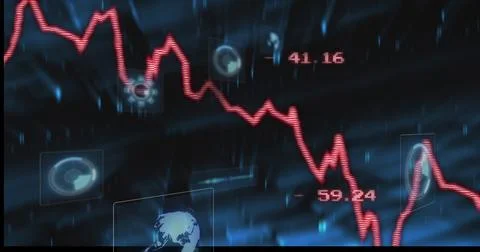 Displaying red jagged falling line chart on digital dashboard, with numeric Stock Illustration