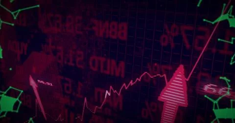 Displaying red jagged line chart with striped arrows on dark grid trading scr Stock Illustration