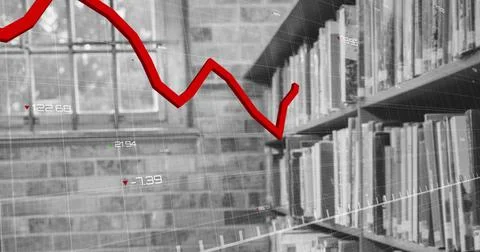 Displaying red jagged line chart overlaying grayscale library with wooden Stock Photos