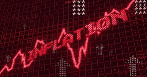 Displaying red jagged line graph morphing into INFLATION on screen, with number Stock Illustration