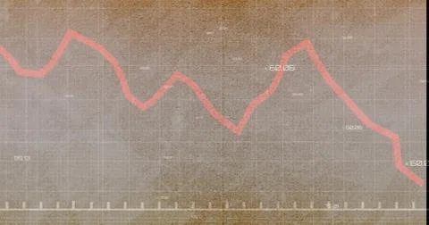 Displaying red jagged line graph dropping on aged beige grid, showing values, Stock Photos