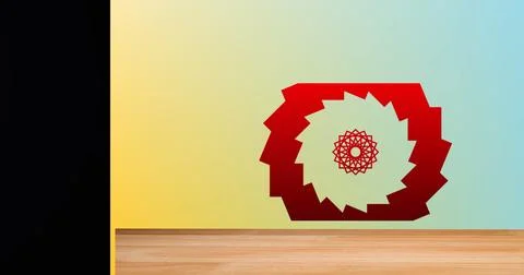 Displaying red jagged-ring artwork with mandala on gradient wall, with wood 库存插图