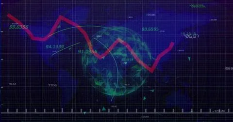 Displaying red jagged trend line crossing teal globe on dashboard grid, with Stock Illustration