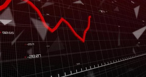 Displaying red jagged trend line falling then rising on perspective grid plane, Stock Illustration