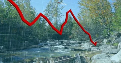 Displaying red line chart arrow trending downward over rocky forest river, with Stock Photos