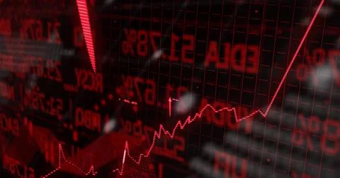 Displaying red line chart with dotted markers rising on trading monitor, showing Stock Illustration