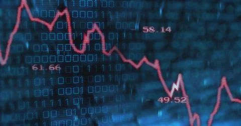 Displaying red line chart fluctuating across blue binary digits dashboard, 写真素材